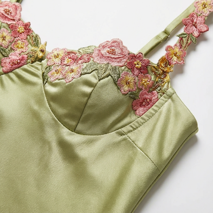 Vestido Maxi Mujer con Bordado Floral 3D y Escote Bustier