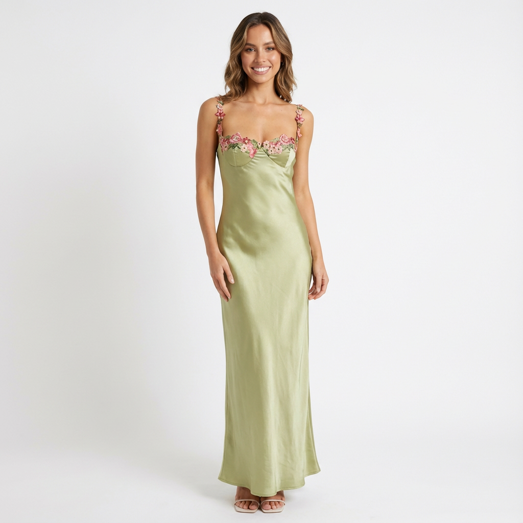 Vestido Maxi Mujer con Bordado Floral 3D y Escote Bustier - Mavetta