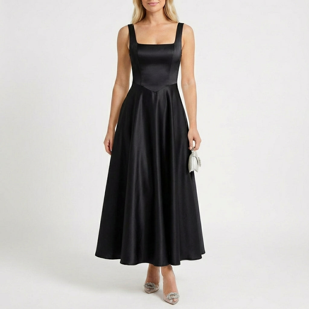 Vestido Maxi Mujer Escote Cuadrado Falda Amplia