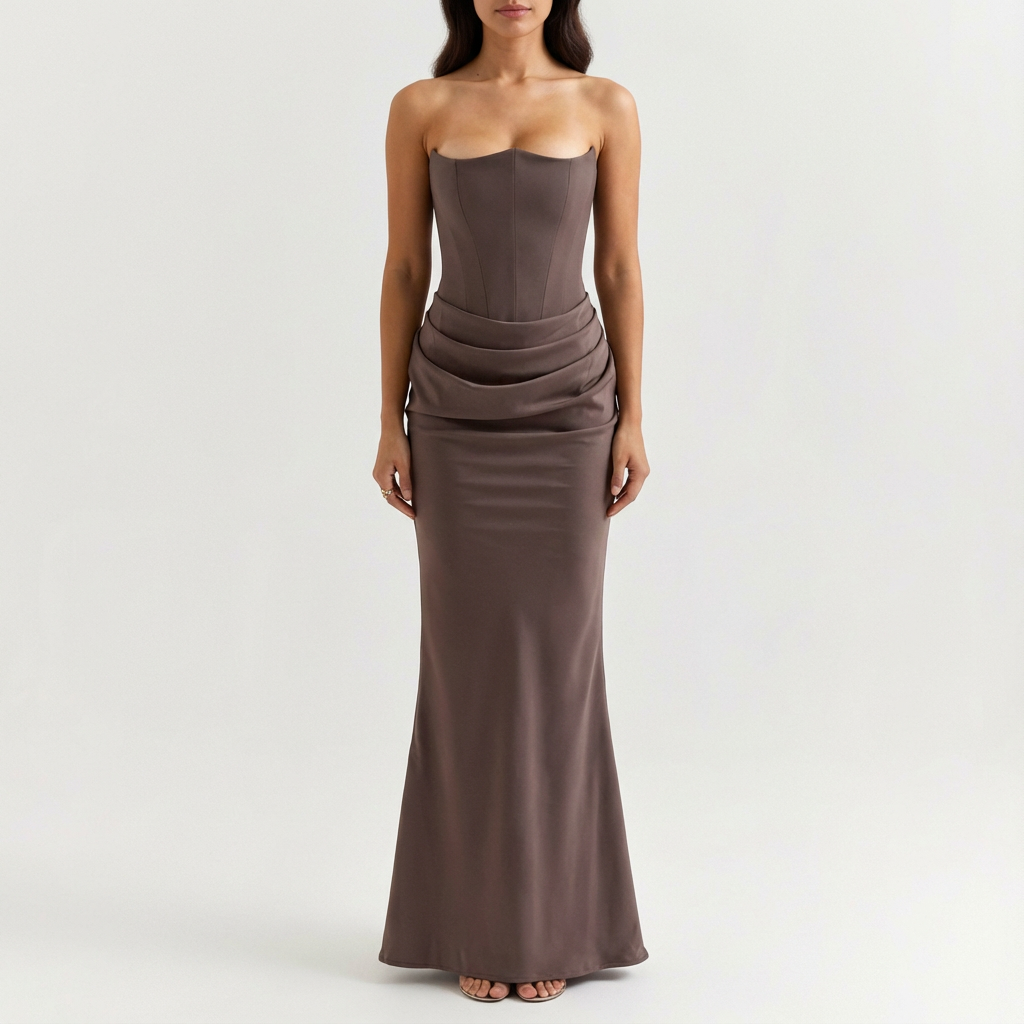 Vestido Maxi Mujer Drapeado Escote Palabra de Honor