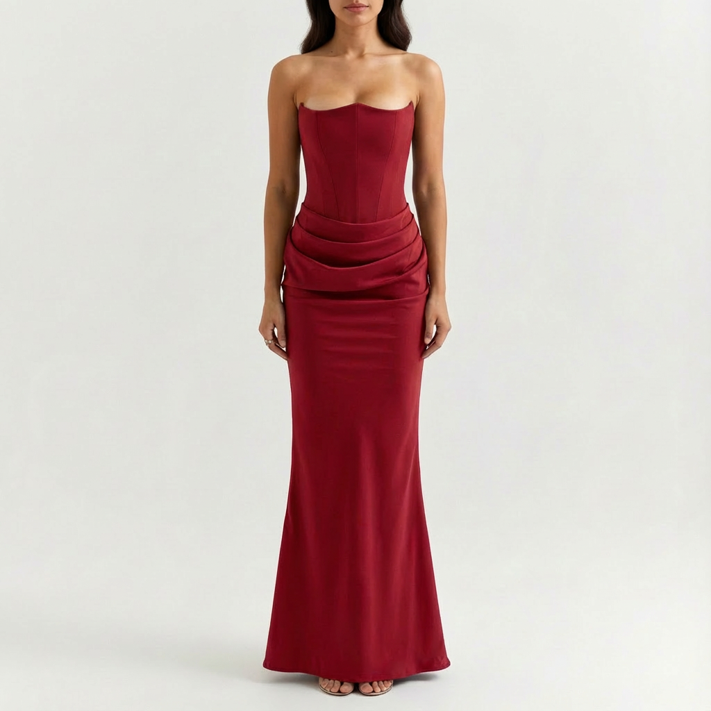 Vestido Maxi Mujer Drapeado Escote Palabra de Honor