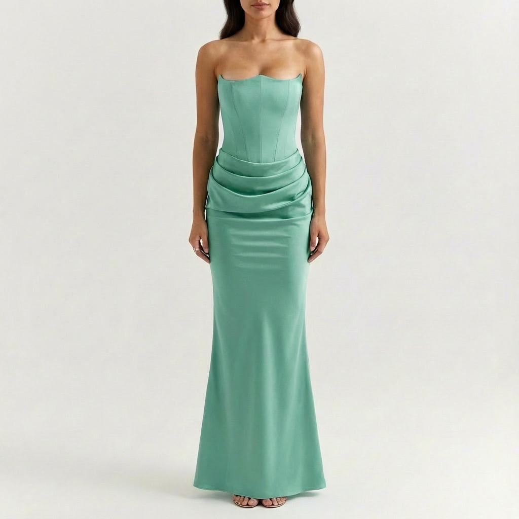 Vestido Maxi Mujer Drapeado Escote Palabra de Honor