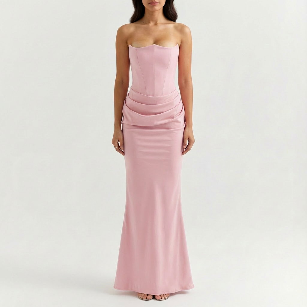 Vestido Maxi Mujer Drapeado Escote Palabra de Honor