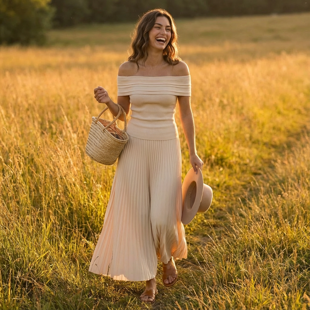 Vestido Maxi Mujer Hombros Descubiertos Falda Plisada Elegante