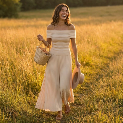 Vestido Maxi Mujer Hombros Descubiertos Falda Plisada Elegante