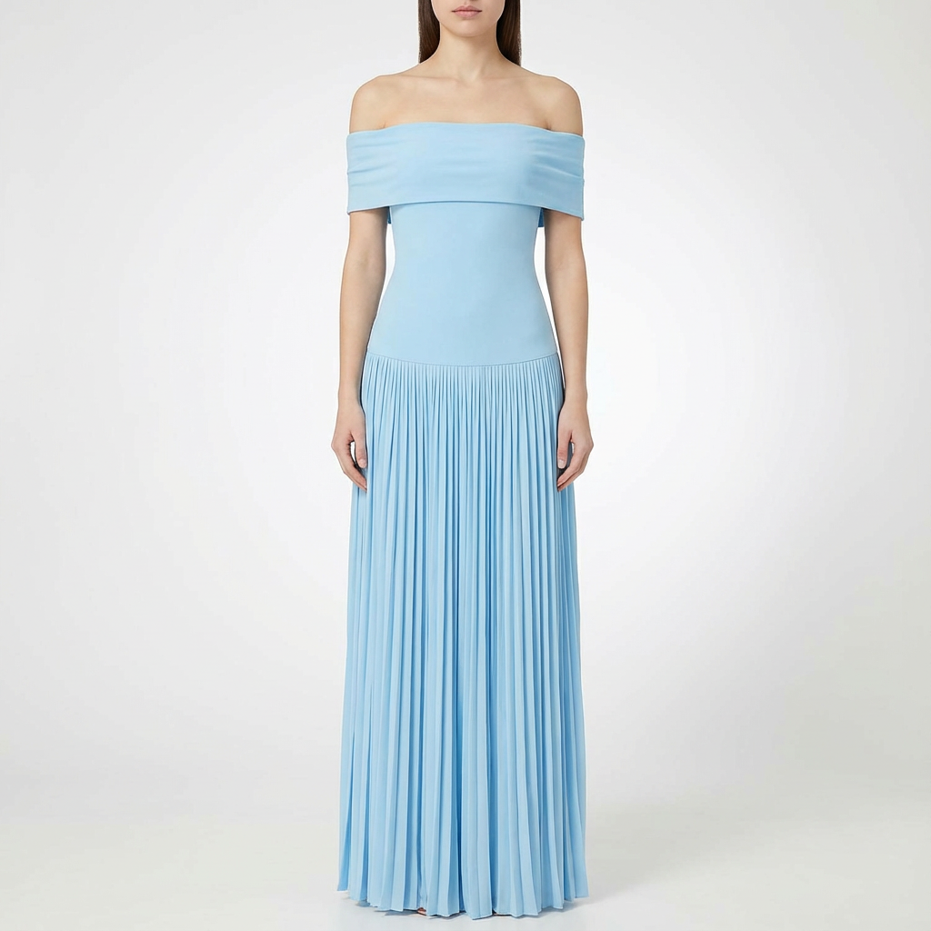 Vestido Maxi Mujer Hombros Descubiertos Falda Plisada Elegante