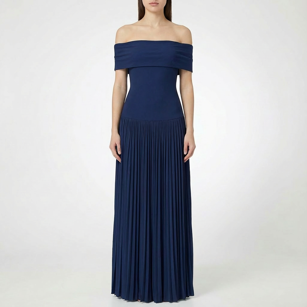 Vestido Maxi Mujer Hombros Descubiertos Falda Plisada Elegante