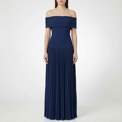 Vestido Maxi Mujer Hombros Descubiertos Falda Plisada Elegante