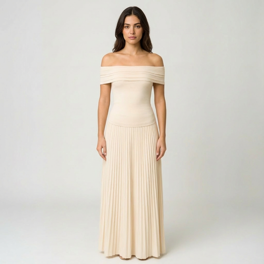 Vestido Maxi Mujer Hombros Descubiertos Falda Plisada Elegante - Mavetta