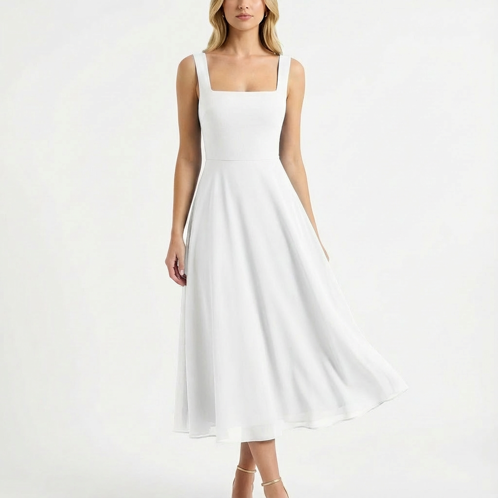 Vestido Midi Mujer Escote Cuadrado Falda Evasé Romántico