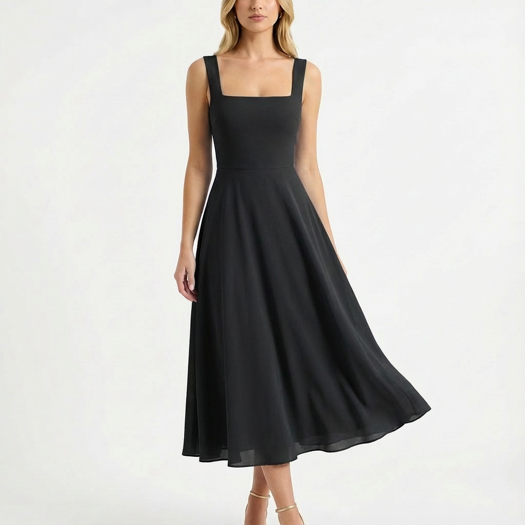 Vestido Midi Mujer Escote Cuadrado Falda Evasé Romántico