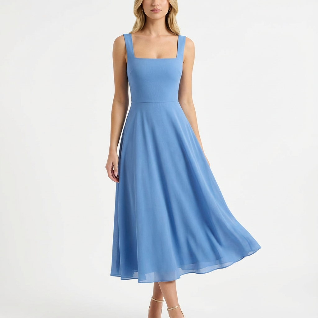 Vestido Midi Mujer Escote Cuadrado Falda Evasé Romántico - Mavetta