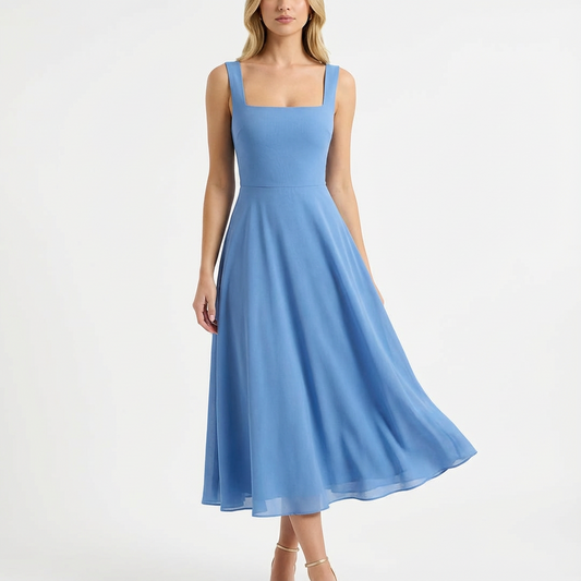 Vestido Midi Mujer Escote Cuadrado Falda Evasé Romántico - Mavetta