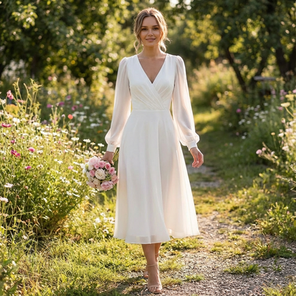 Vestido Midi Mujer Manga Obispo Escote en V Nupcial