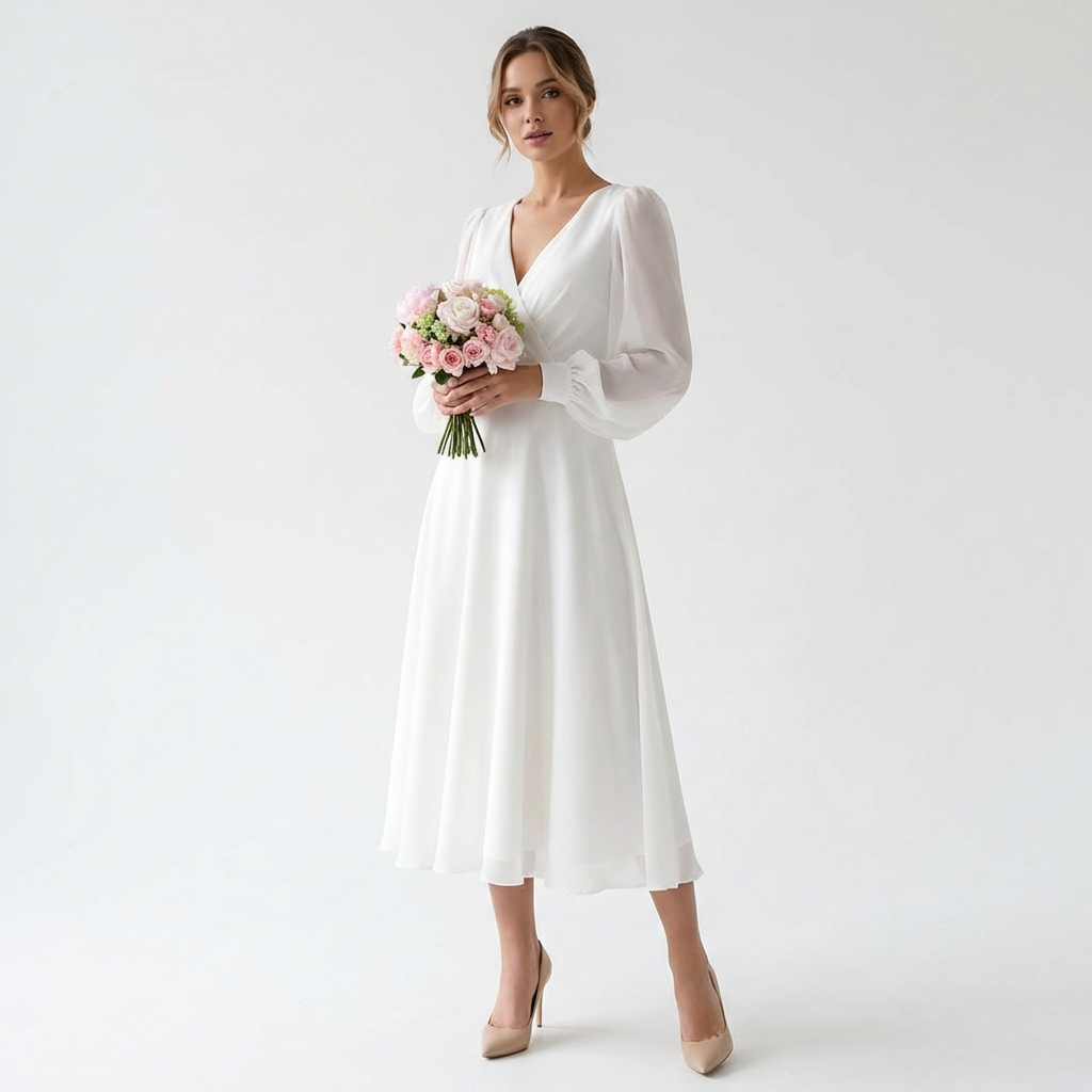 Vestido Midi Mujer Manga Obispo Escote en V Nupcial - Mavetta