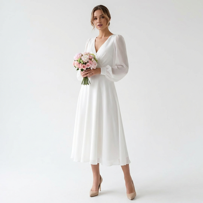 Vestido Midi Mujer Manga Obispo Escote en V Nupcial - Mavetta