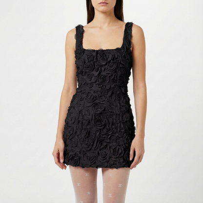 Vestido Mini Mujer con Apliques Florales 3D Escote Cuadrado