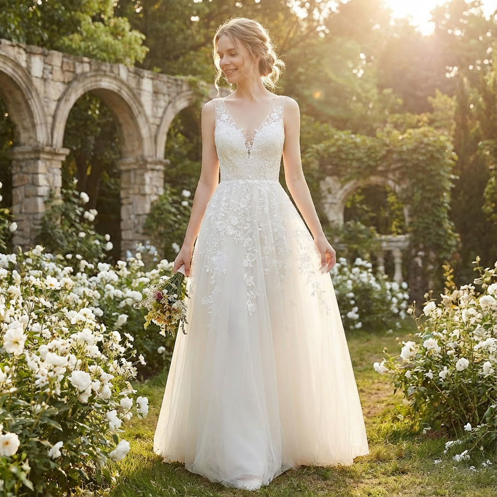 Vestido Novia Mujer Largo Encaje Floral Escote en V Tul
