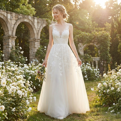 Vestido Novia Mujer Largo Encaje Floral Escote en V Tul