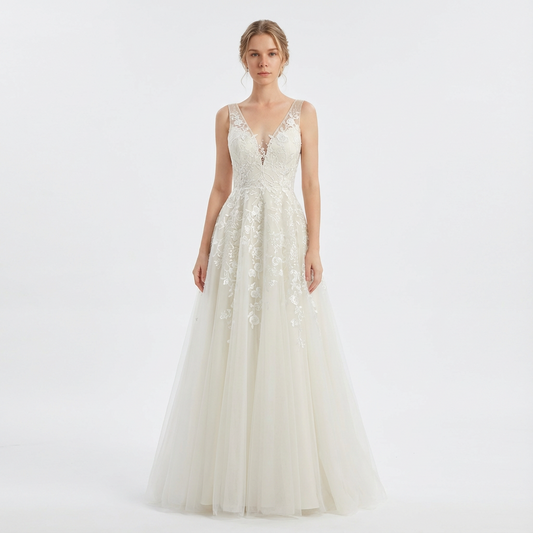 Vestido Novia Mujer Largo Encaje Floral Escote en V Tul - Mavetta