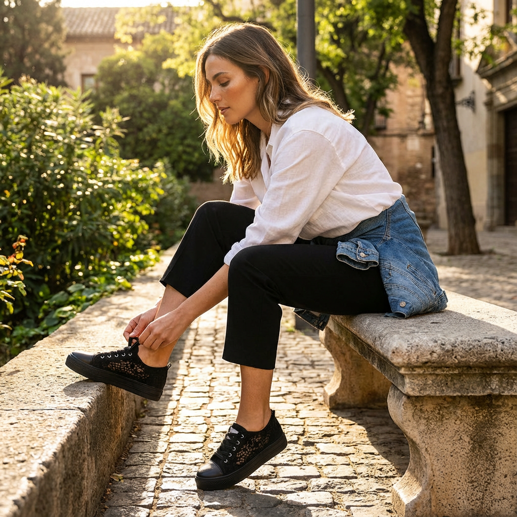 Zapatillas Plataforma Mujer Tejido Calado Cordones Casual