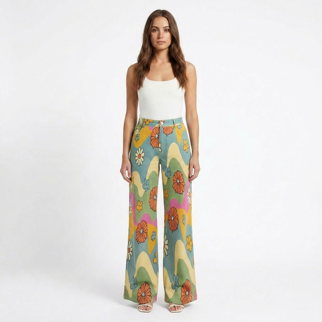 Pantalón Mujer Pernera Ancha Diseño Estampado Casual