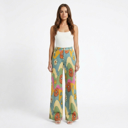 Pantalón Mujer Pernera Ancha Diseño Estampado Casual