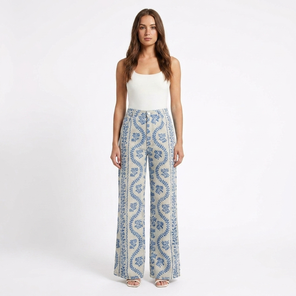 Pantalón Mujer Pernera Ancha Diseño Estampado Casual