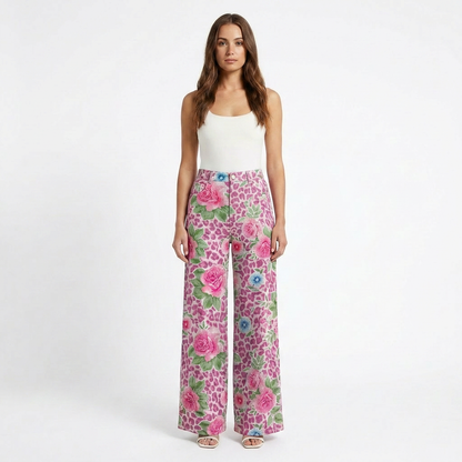 Pantalón Mujer Pernera Ancha Diseño Estampado Casual