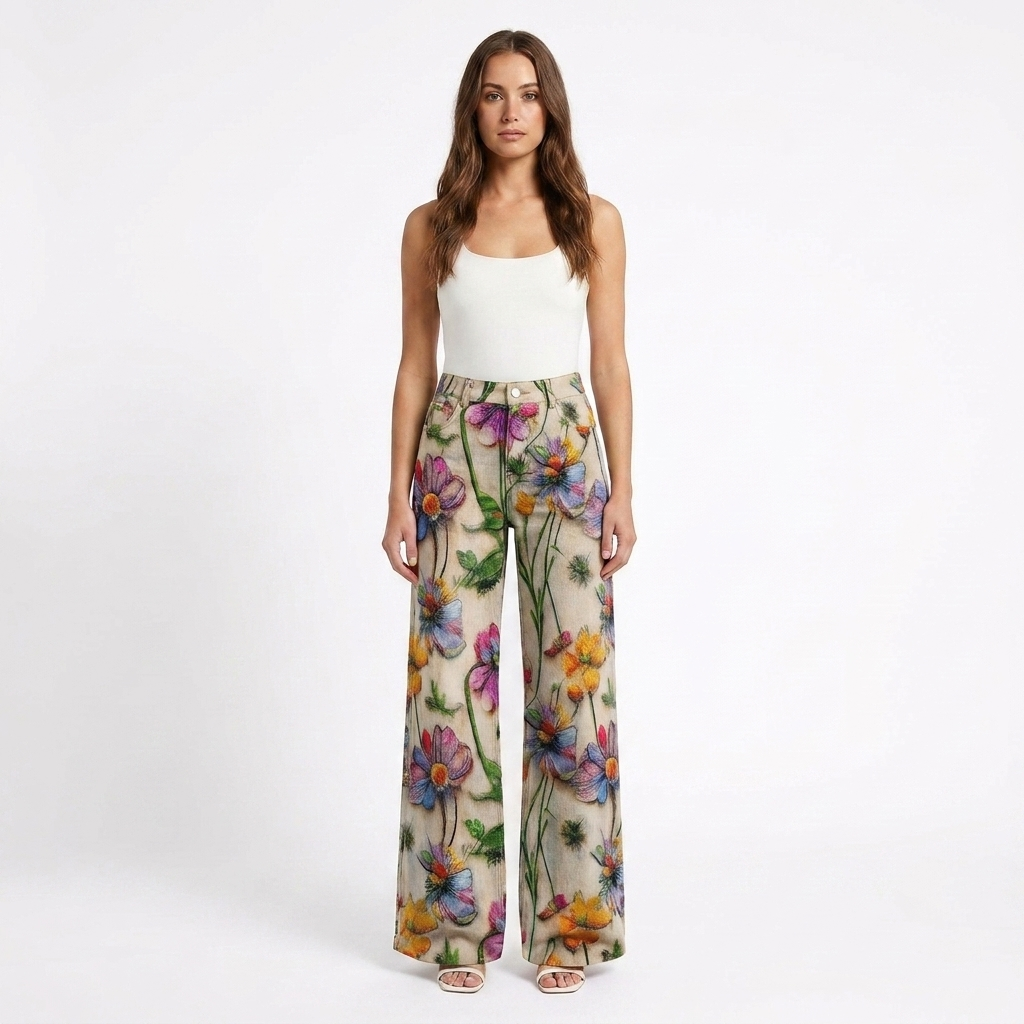 Pantalón Mujer Pernera Ancha Diseño Estampado Casual