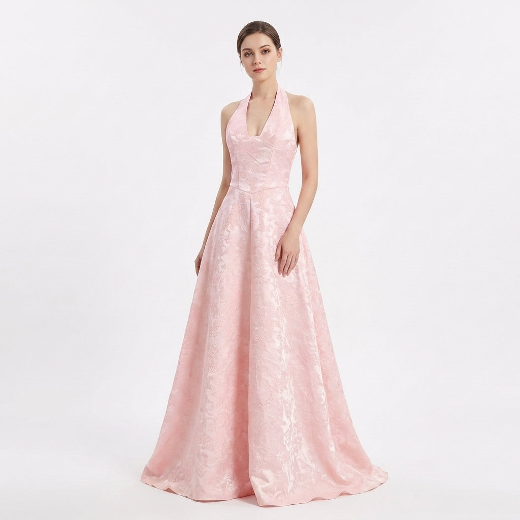 Vestido Largo Mujer Jacquard Floral Halter