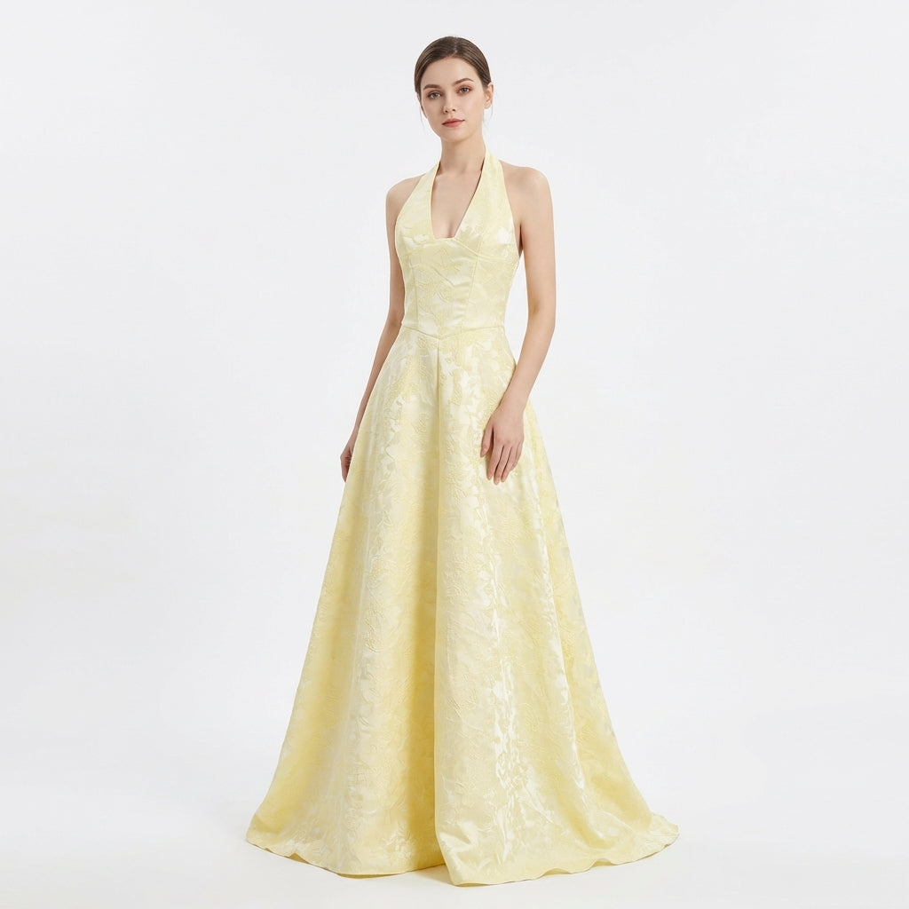 Vestido Largo Mujer Jacquard Floral Halter - Mavetta