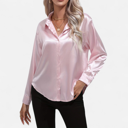 Blusa Mujer de Satén Manga Larga Cuello Solapa