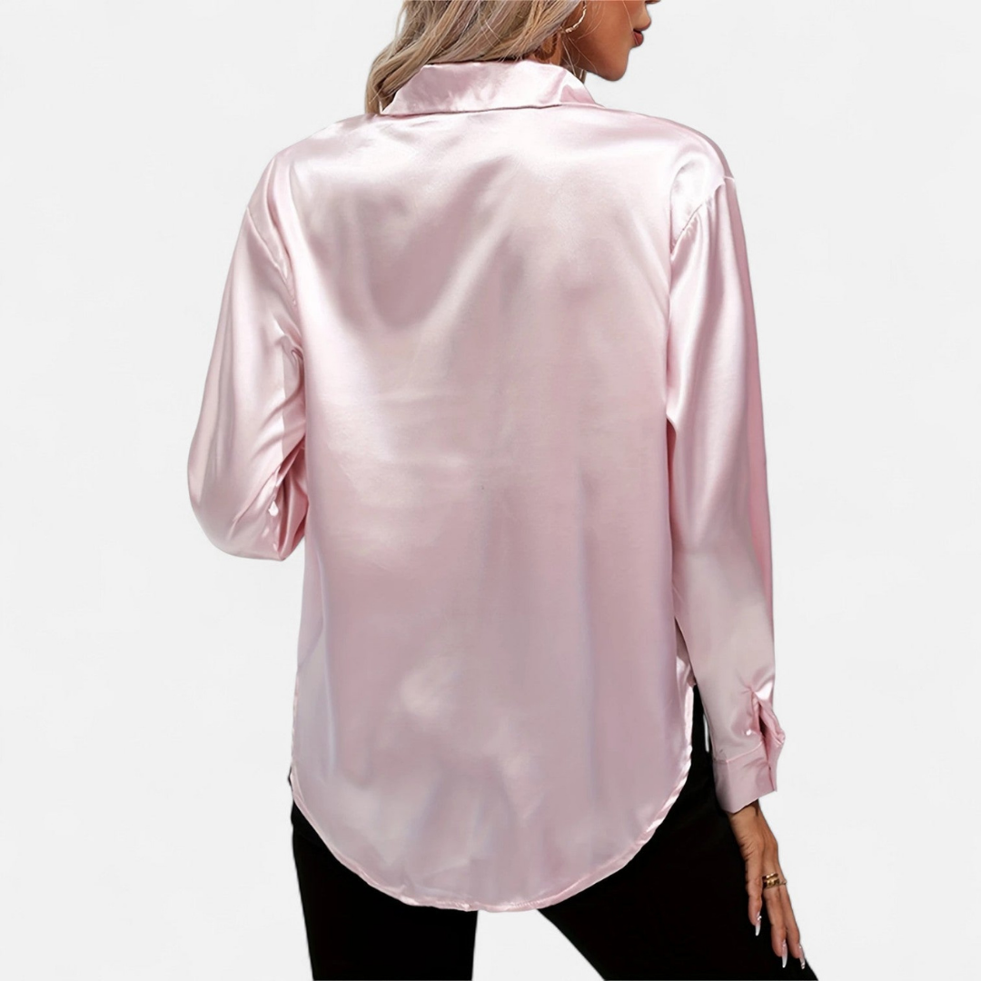 Blusa Mujer de Satén Manga Larga Cuello Solapa