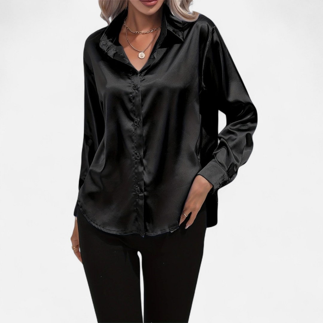 Blusa Mujer de Satén Manga Larga Cuello Solapa