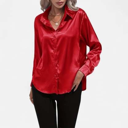 Blusa Mujer de Satén Manga Larga Cuello Solapa
