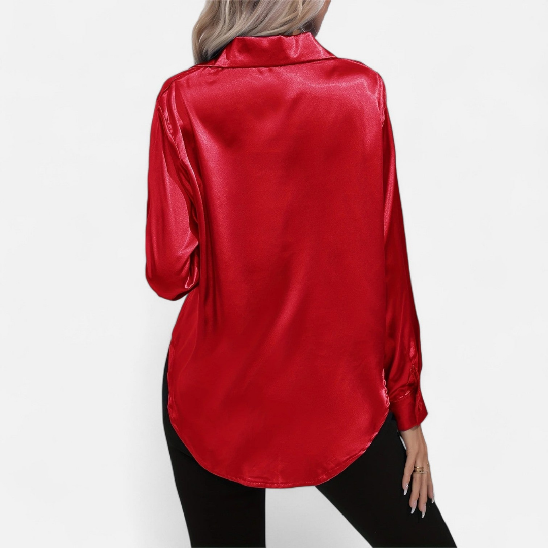 Blusa Mujer de Satén Manga Larga Cuello Solapa