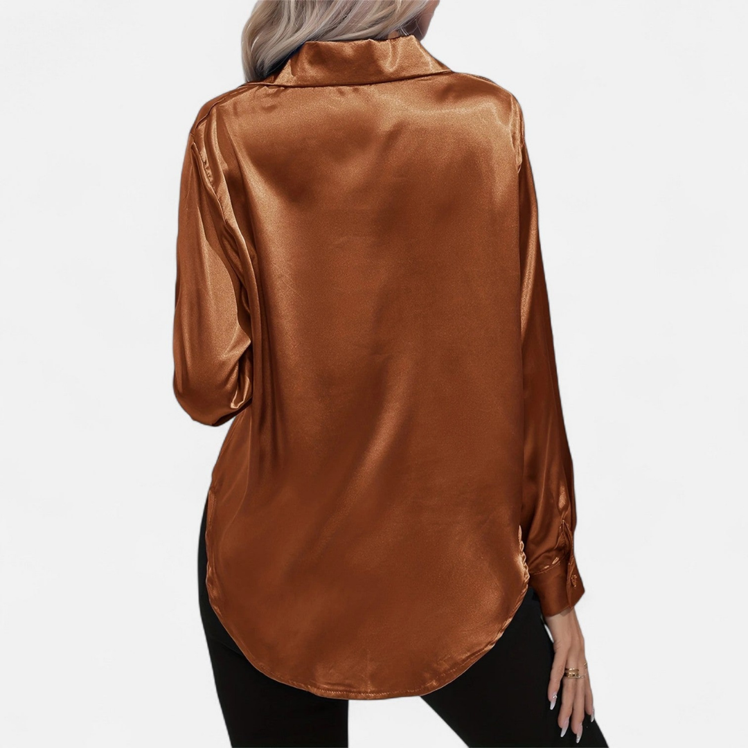 Blusa Mujer de Satén Manga Larga Cuello Solapa