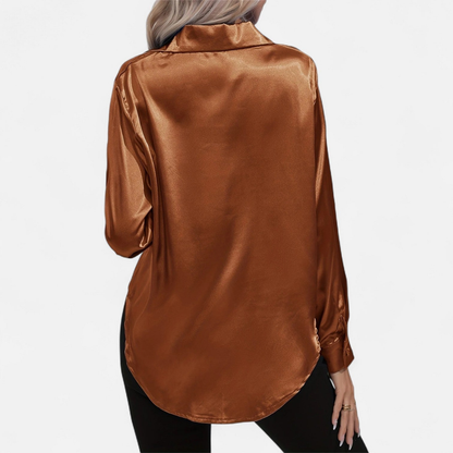 Blusa Mujer de Satén Manga Larga Cuello Solapa