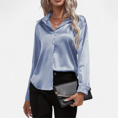 Blusa Mujer de Satén Manga Larga Cuello Solapa
