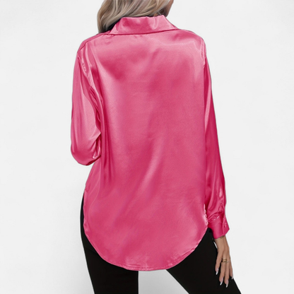Blusa Mujer de Satén Manga Larga Cuello Solapa