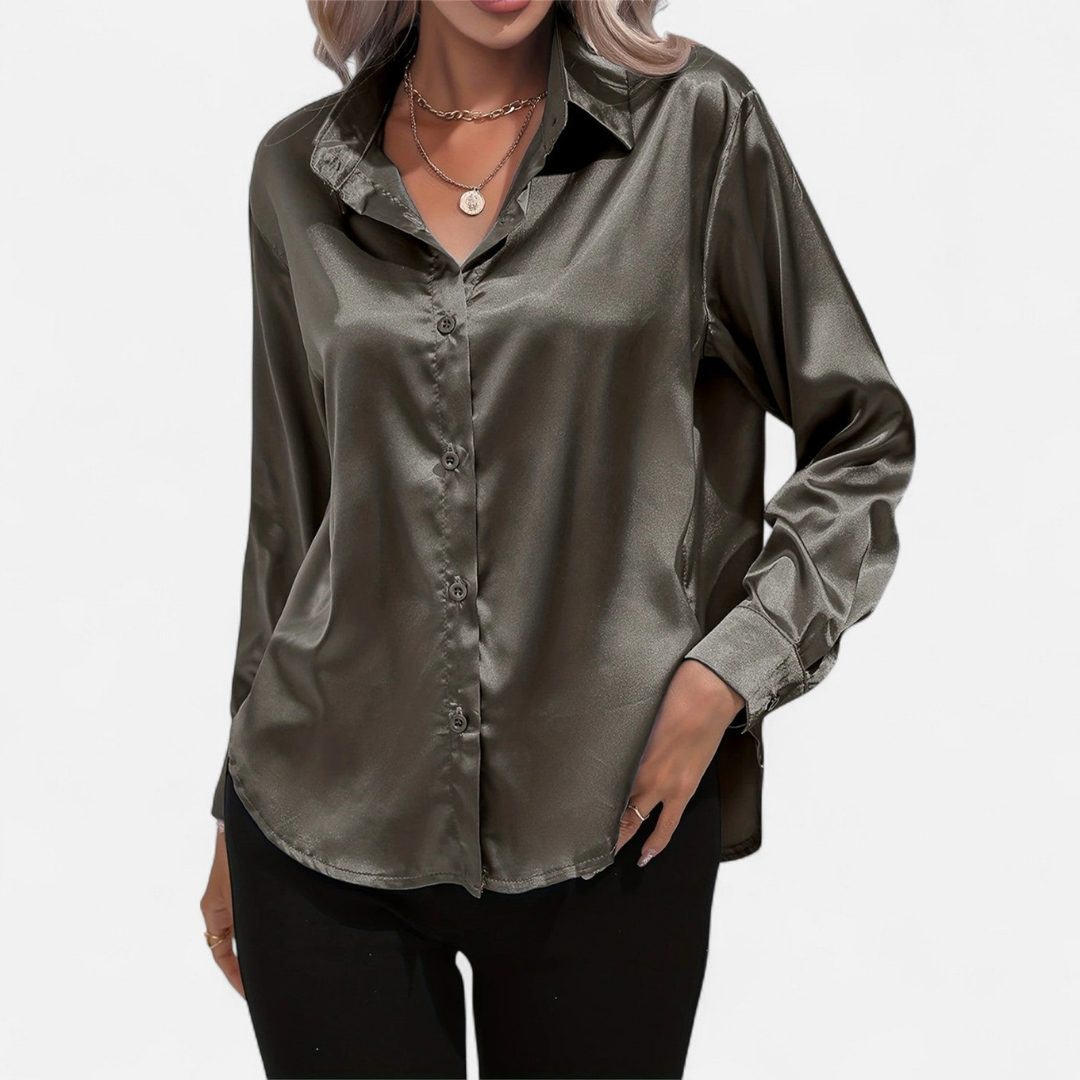 Blusa Mujer de Satén Manga Larga Cuello Solapa