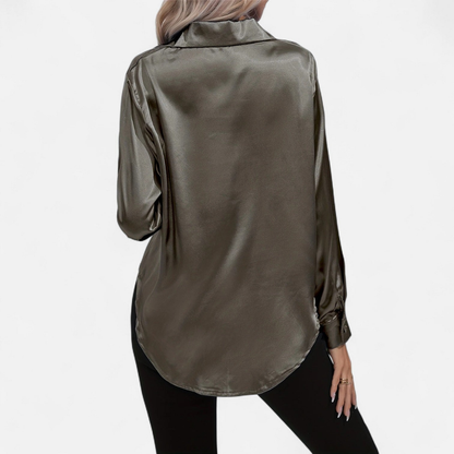 Blusa Mujer de Satén Manga Larga Cuello Solapa