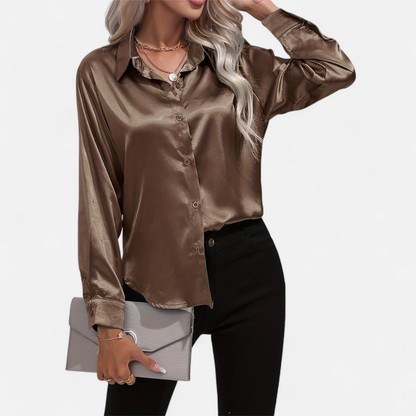 Blusa Mujer de Satén Manga Larga Cuello Solapa