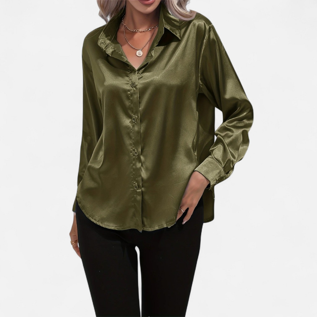 Blusa Mujer de Satén Manga Larga Cuello Solapa