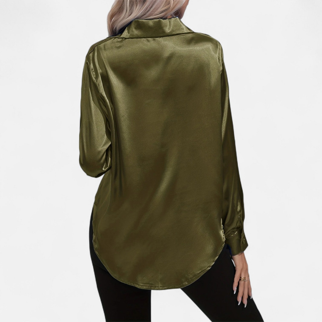 Blusa Mujer de Satén Manga Larga Cuello Solapa