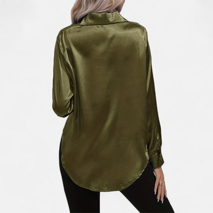Blusa Mujer de Satén Manga Larga Cuello Solapa