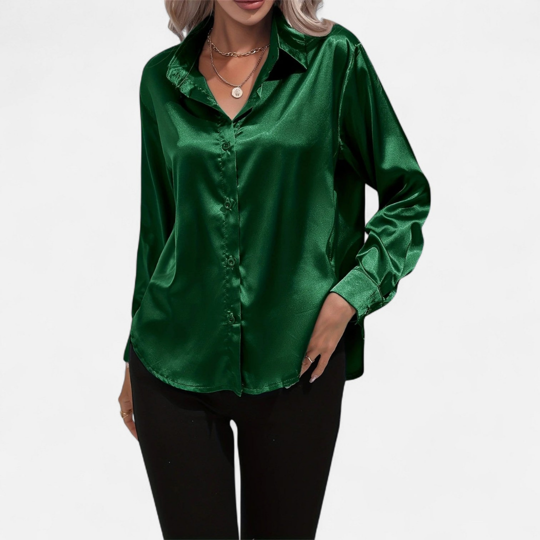 Blusa Mujer de Satén Manga Larga Cuello Solapa
