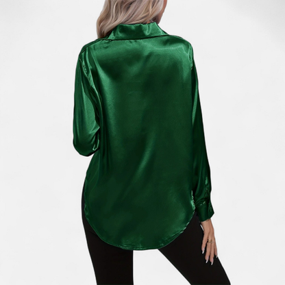 Blusa Mujer de Satén Manga Larga Cuello Solapa