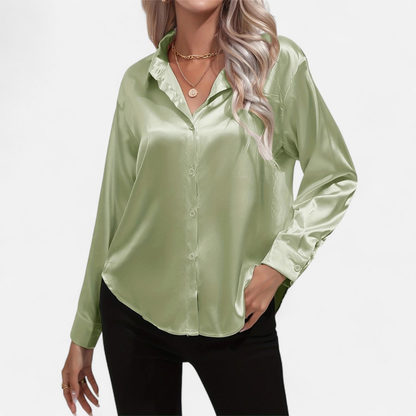 Blusa Mujer de Satén Manga Larga Cuello Solapa